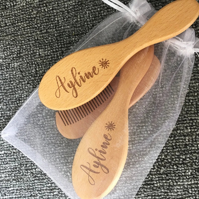 Personalized Baby Care Hair Brush Pure Natural Wool Wood Comb , Engraved Newborn Massager Baby Shower and Registry Gift