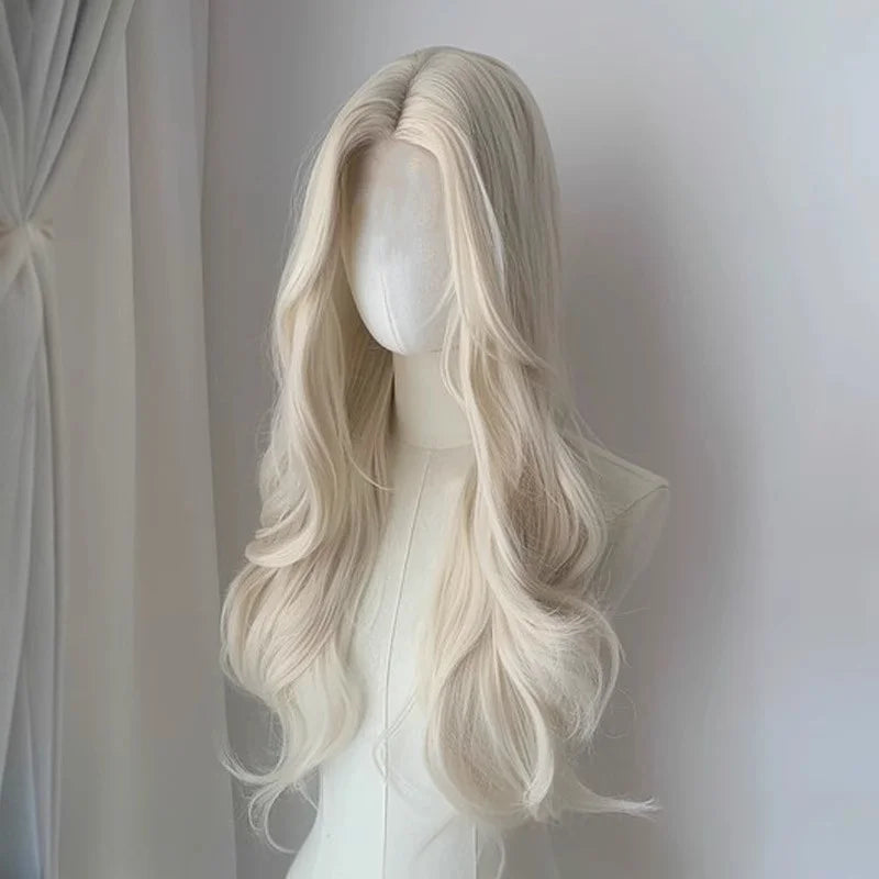 2024 New Curly Wavy White Wig Synthetic Hair Middle Part Long White Cosplay Wig Long Wigs for Women Synthetict Wig