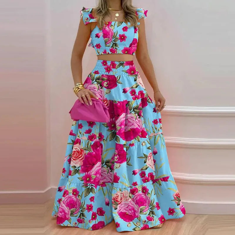 Women's Sexy Top+skirt 2-piece Set Summer Temperament Suspender Long Skirt Saias Femininas Elbise Conjuntos Femininos Elegante