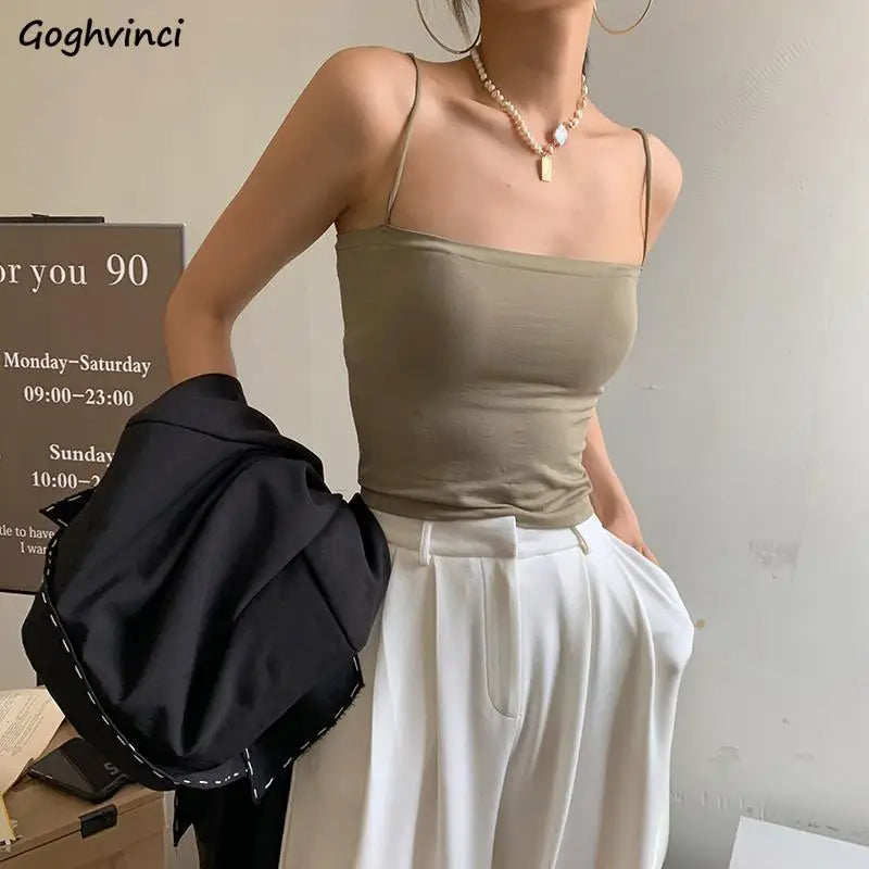 Camisole Women Sleeveless Spaghetti Strap Sexy Elastic Fashion All-match Simple Solid Korean Style Skinny Girls Streetwear Club