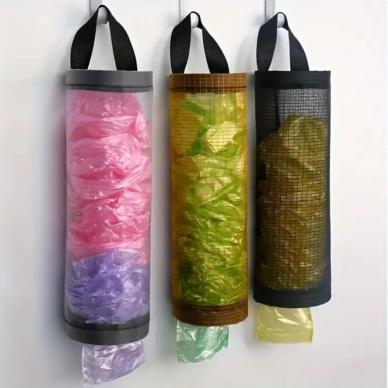 1pc Grey Sundries Bag Storage Wall Mount Mesh Plastic Bags Dispenser Hanging Reused Storage Pouch Trash Bags Kitchen Garbage Org