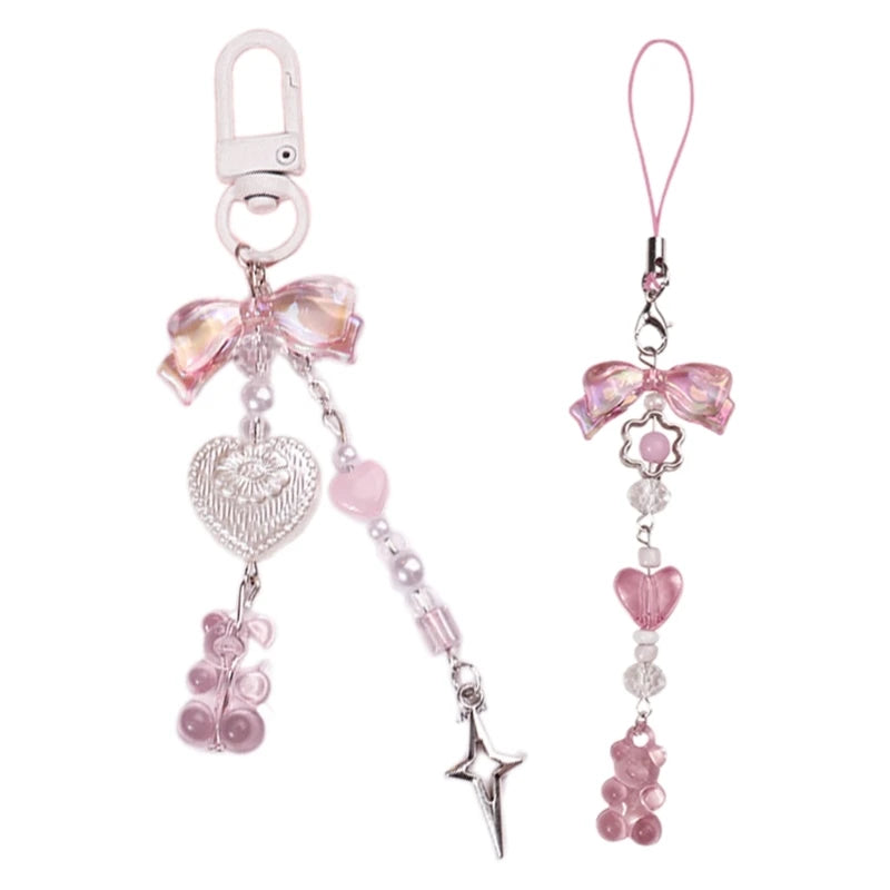 Sweet Bear Bowknot Bead Charm Pendant Chain Phone Strap Pocket Keychain Strap Hangings Decoration for Key Bag Purse