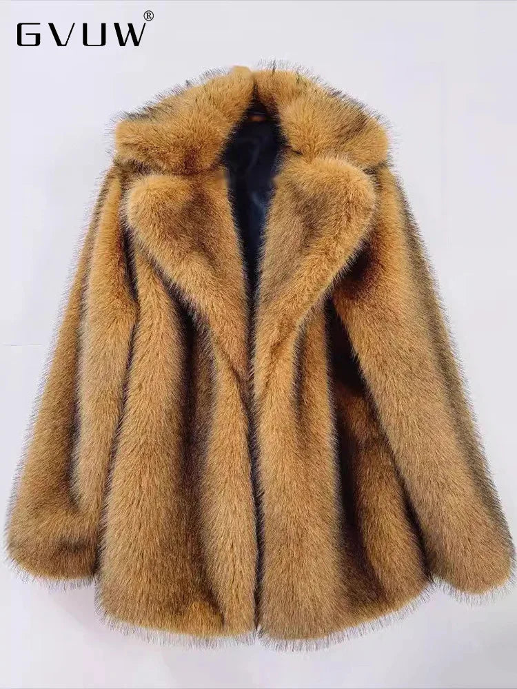 GVUW Fashion Faux Fur Coats For Women Lapel Open Stitch Outwear New 2025 Vintage Style Gradient Color Female Clothing 17G8922