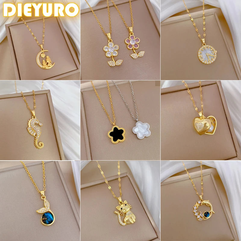 DIEYURO 316L Stainless Steel Moon Flower Cat Seahorse Necklace For Womens Girl New Clavicle Chain Party Jewelry Jewelry Gifts