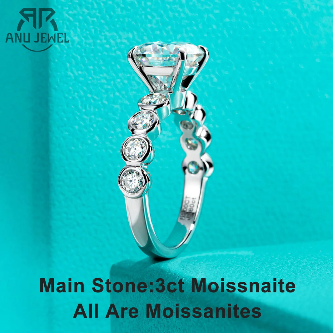 AnuJewel 3ct Moissanite Engagement Ring For Women Silver D Color Lab Created Diamond Bezel Wedding Band Ring Factory Store